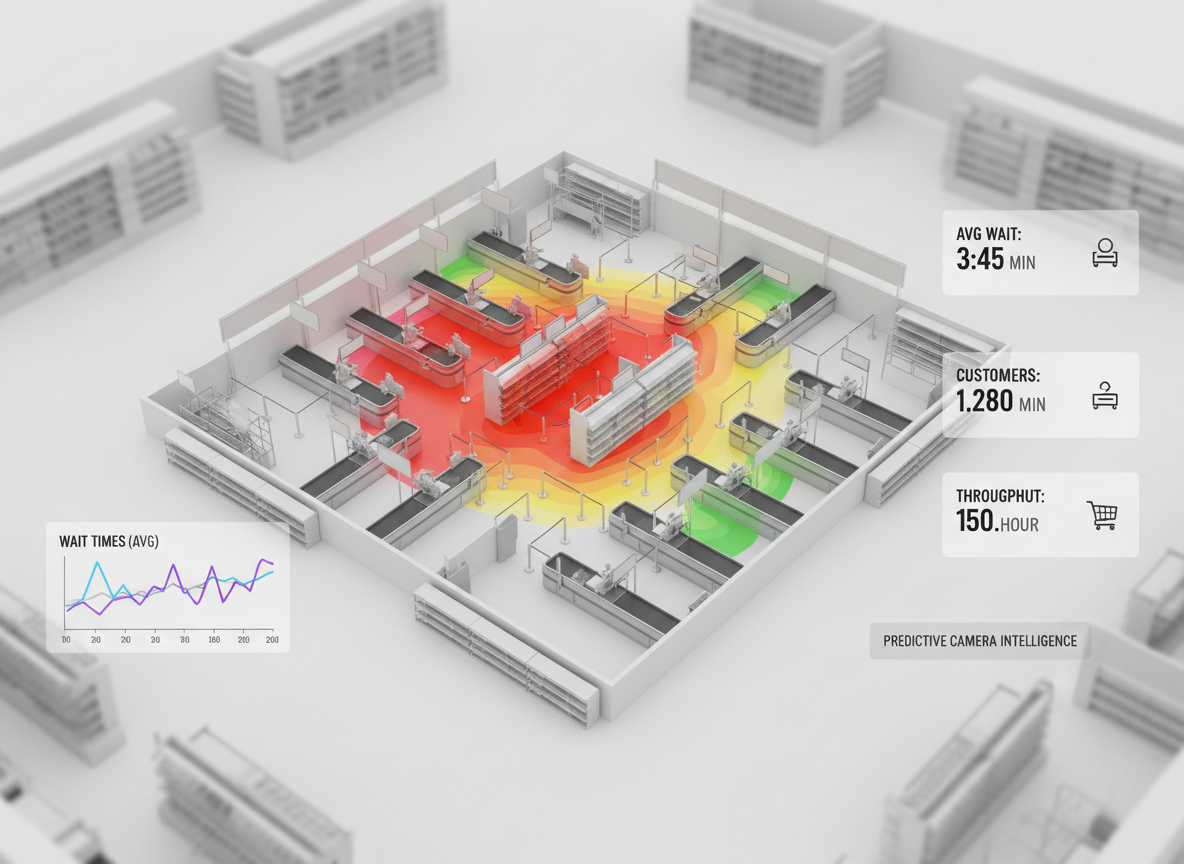 A top-down photographic realism view of a supermarket checkout zone rendered as a detailed 3D floor plan, with checkout counters, shelves, and queue paths depicted as clean, monochrome structures. Overlaid on the scene are brightly colored, semi-transparent heatmaps indicating waiting times and density, along with minimalist timeline graphs and KPI cards floating around the perimeter of the image. The lighting is flat and even, as if from a virtual studio, eliminating harsh shadows and enhancing the clarity of analytical overlays. The mood is analytical and strategic, resembling a business intelligence dashboard made physical. The composition keeps the central checkout area in sharp focus, with surrounding aisles slightly desaturated, underscoring how predictive camera intelligence converts raw video into operational insights.